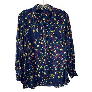 Talbots Women's Navy/Yellow Floral Print Long Sleeve Shirt in‎ Size 2XP